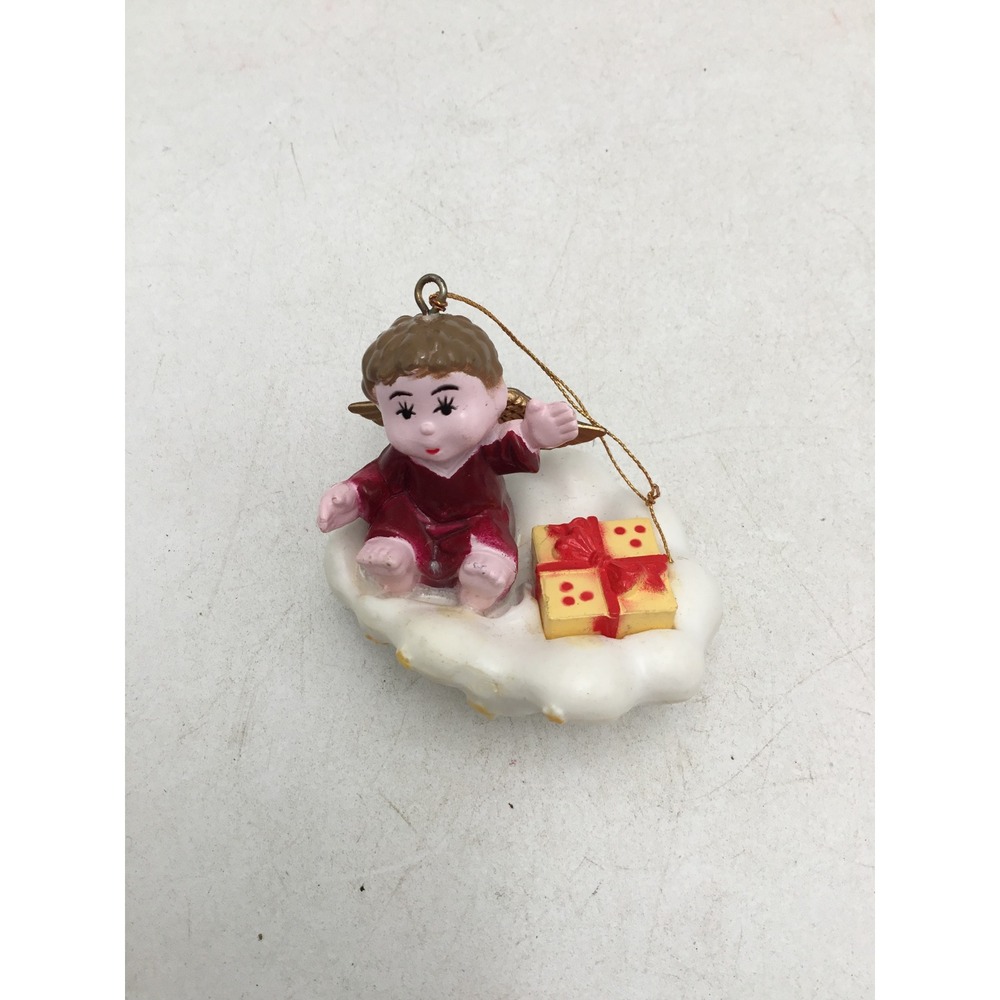 Vintage Cherub Angel on Cloud Christmas Ornament with Gift Box Burgundy White